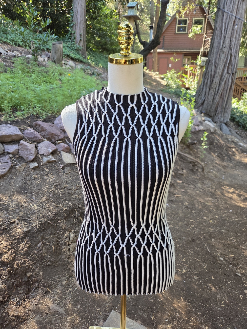 WHBM White House Black Market Black Knit Tank with White Rope-Style Trim